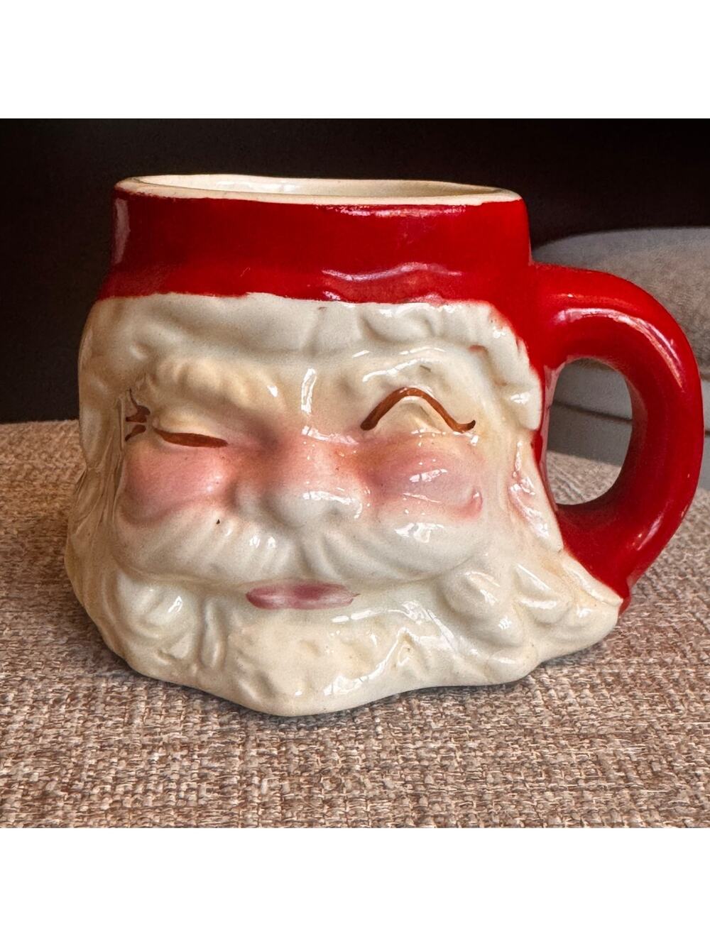 Vintage Santa Claus Mug From the 1970-1980s Bright Red Handle Winking Handmade